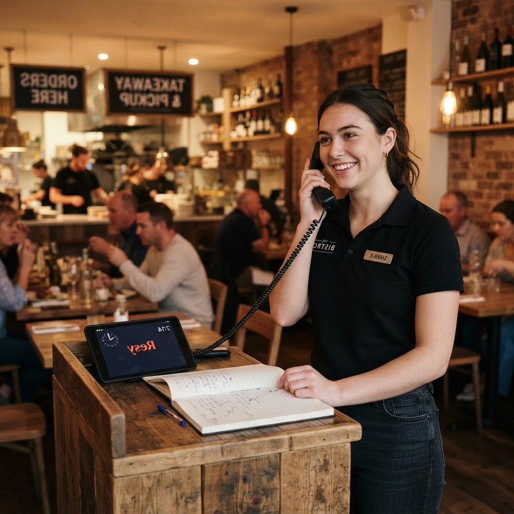 A friendly young female host in a black polo smiling while taking a takeout order on the phone at the host stand of a casual full-service dining room with a pickup counter behind her