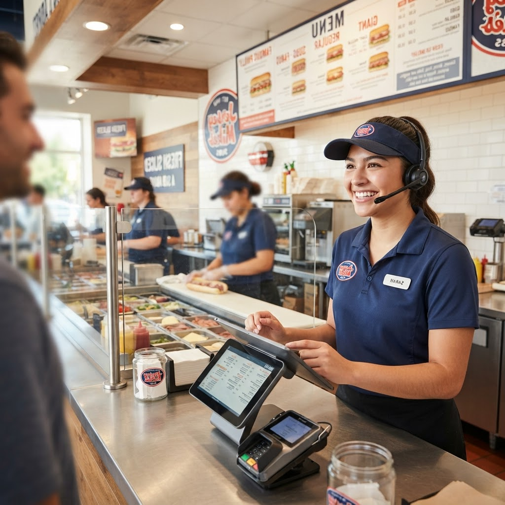 An energetic young female employee in a branded polo and visor wearing a headset and taking an order at the counter of a bright fast-casual sandwich shop with a menu board and prep station behind her