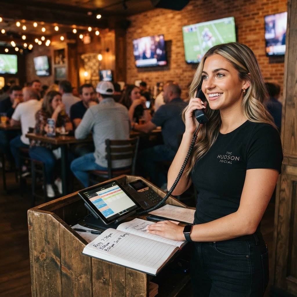 A blonde female sports-bar host in a black tee smiling while taking a phone call at a wooden host podium with a tablet, in front of exposed brick, warm string lights, TVs showing sports, and patrons at tables